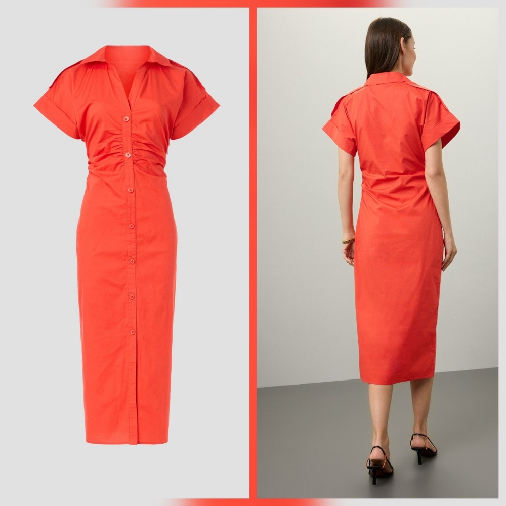 Saunders Red Ruched Shirt Casual Dress Short Sleeves Collared Size 4